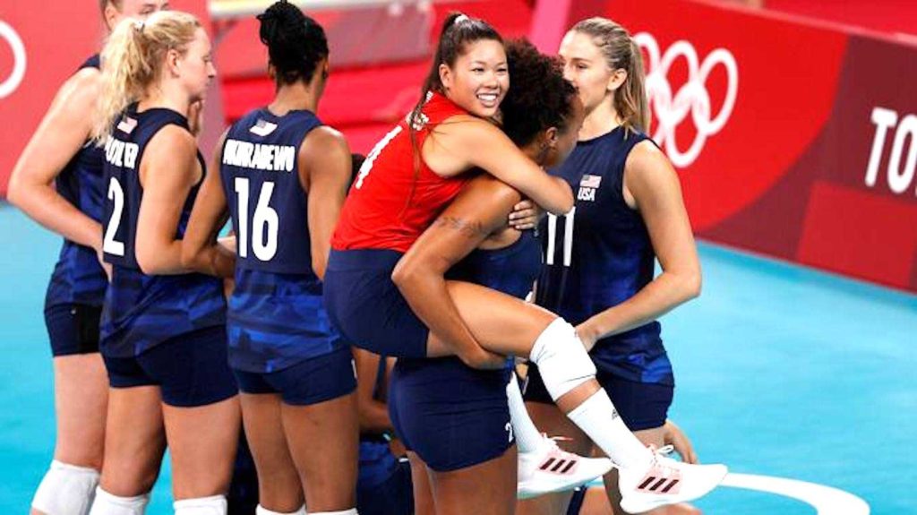 Justine Wong Orantes celebrating with teammates at the Olympics. REUTERS