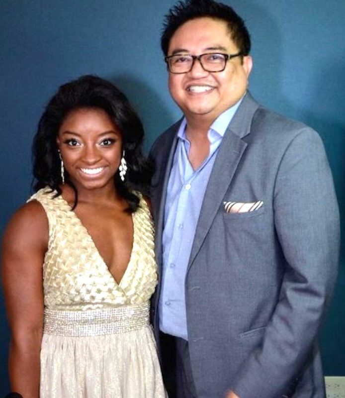  Hollywood designer Alexis Monsanto’s Goddess Gown for Simone Biles was made of silk lame in origami pleats. The skirt was a nude gold silk chiffon; the wide empire band studded with Swarovski crystals. INSTAGRAM