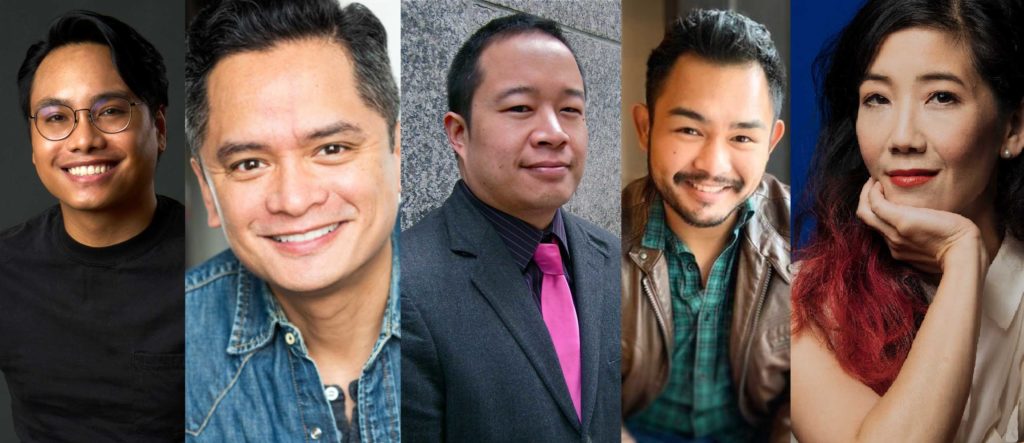 Filipino American theater artists in “Pass the Mic” theater festival includes (from left) playwright Nicholas-Pilapil and directors Rodney To, Nelson Eusebio III, Gaven Trinidad and Jennifer Chang. CONTRIBUTED