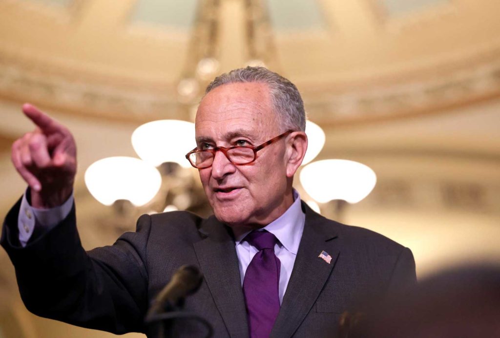 U.S. Senate Majority Leader Chuck Schumer (D-NY) takes questions as he speaks to reporters following the weekly Senate Democratic policy lunch at the U.S. Capitol in Washington, U.S., September 14, 2021. REUTERS/Evelyn Hockstein