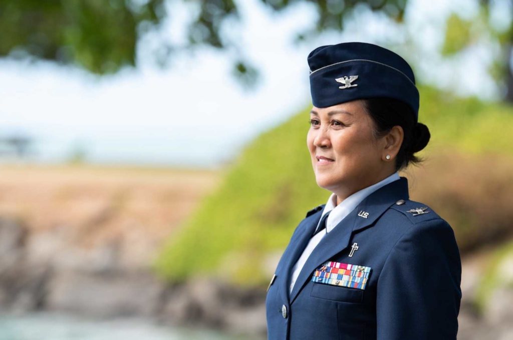 U.S. Air Force Col. Leah Botona Boling, 154th Wing chaplain, became the first Asian American and Filipina being promoted to the rank of colonel within the U.S. Air Force Chaplain Corps. (U.S. Air National Guard photo by Staff Sgt. John Linzmeier)