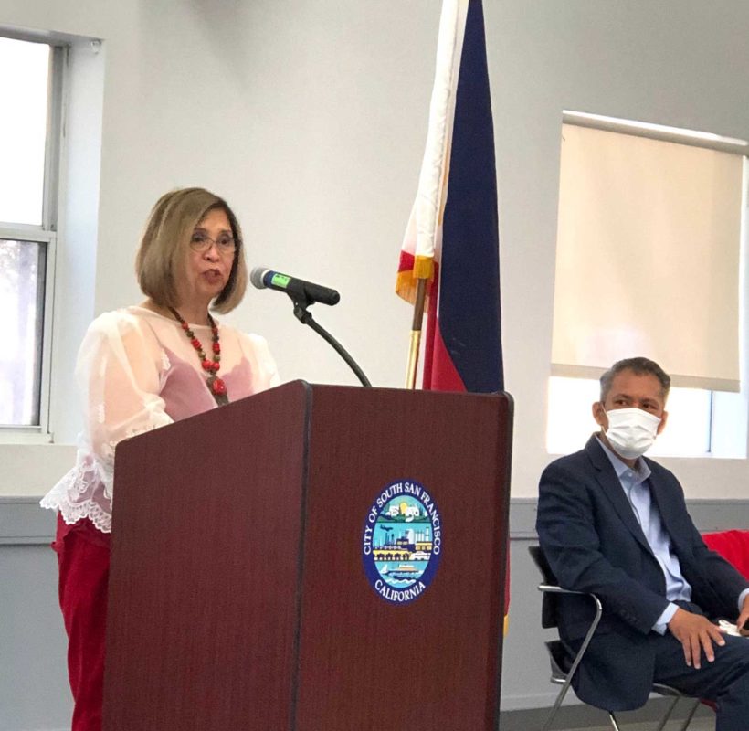 South San Francisco’s first Fil-Am woman Council Member Flor Nicolas counts her fortune to learn from and now immortalize her mentor stayed true to her Filipino values, said Consul Gen. Neil Ferrer (seated). INQUIRER/CMQuerol Moreno