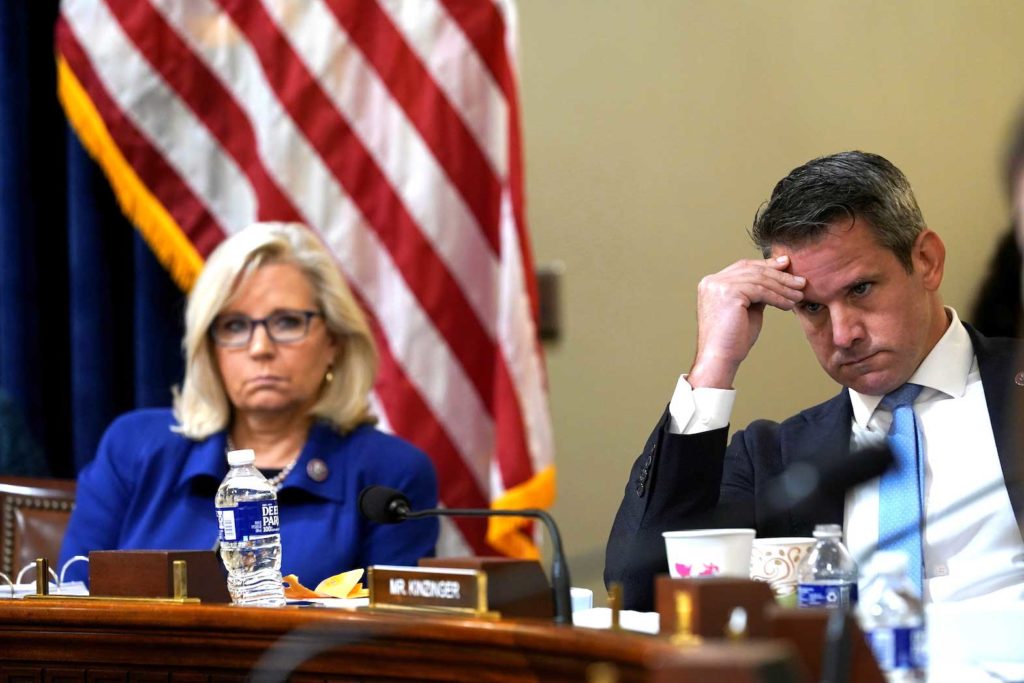 U.S. Rep. Liz Cheney, R-Wyo., and Rep. Adam Kinzinger, R-Ill., listen as Rep. Elaine Luria, D-Va., speaks during the House select committee hearing on the Jan. 6 attack on Capitol Hill, July 27, 2021. Andrew Harnik/Pool