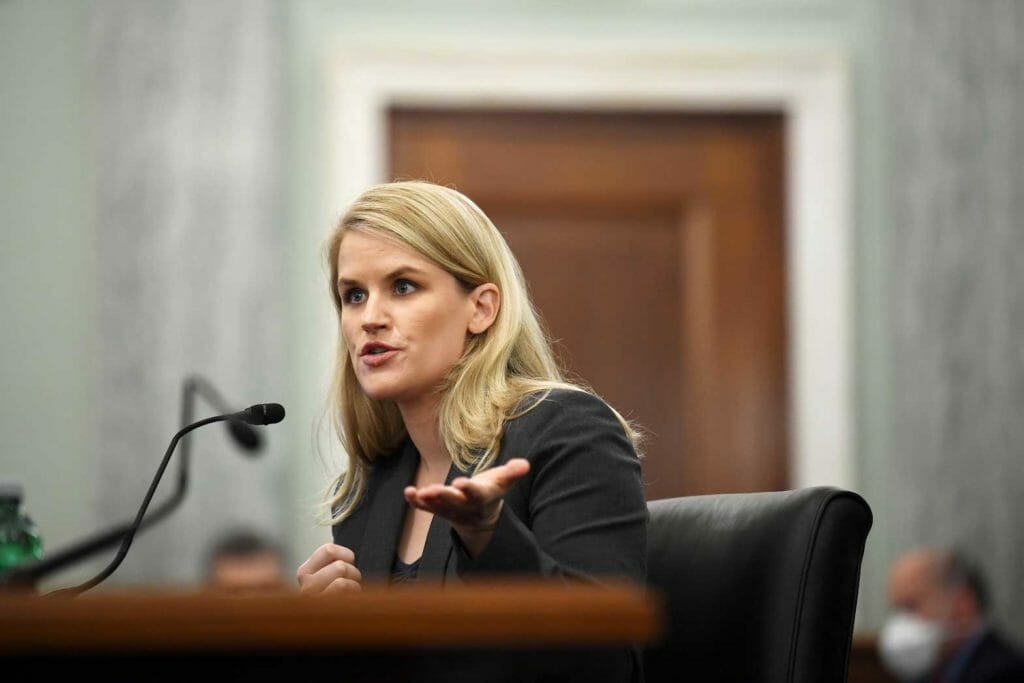 Former Facebook employee and whistleblower Frances Haugen testifies during a Senate Committee on Commerce, Science, and Transportation hearing entitled 'Protecting Kids Online: Testimony from a Facebook Whistleblower' on Capitol Hill, in Washington, U.S., October 5, 2021. Matt McClain/Pool via REUTERS/File Photo