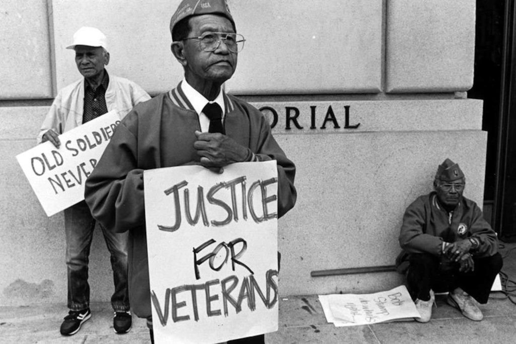 Filipino veterans of World War II demanding official recognition from the U.S. government. FILVETREP