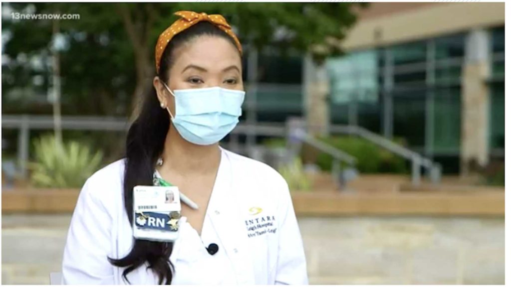  Registered nurse Karen Proffitt, originally from the Philippines, worked on the front lines at Sentara Leigh Hospital in Norfolk, Virginia during the pandemic while pregnant with twins. SCREENSHOT 