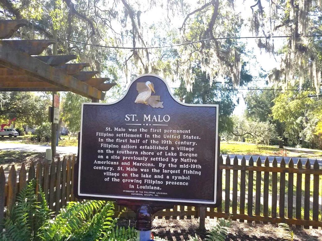 A plaque marks the site nearest the early Filipino settlement in St. Malo in a Louisiana bayou.