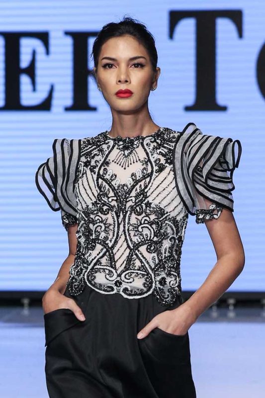 Black and silver swirl cocktail dress pockets by Oliver Tolentino LAFW 2021. m. CONTRIBUTED