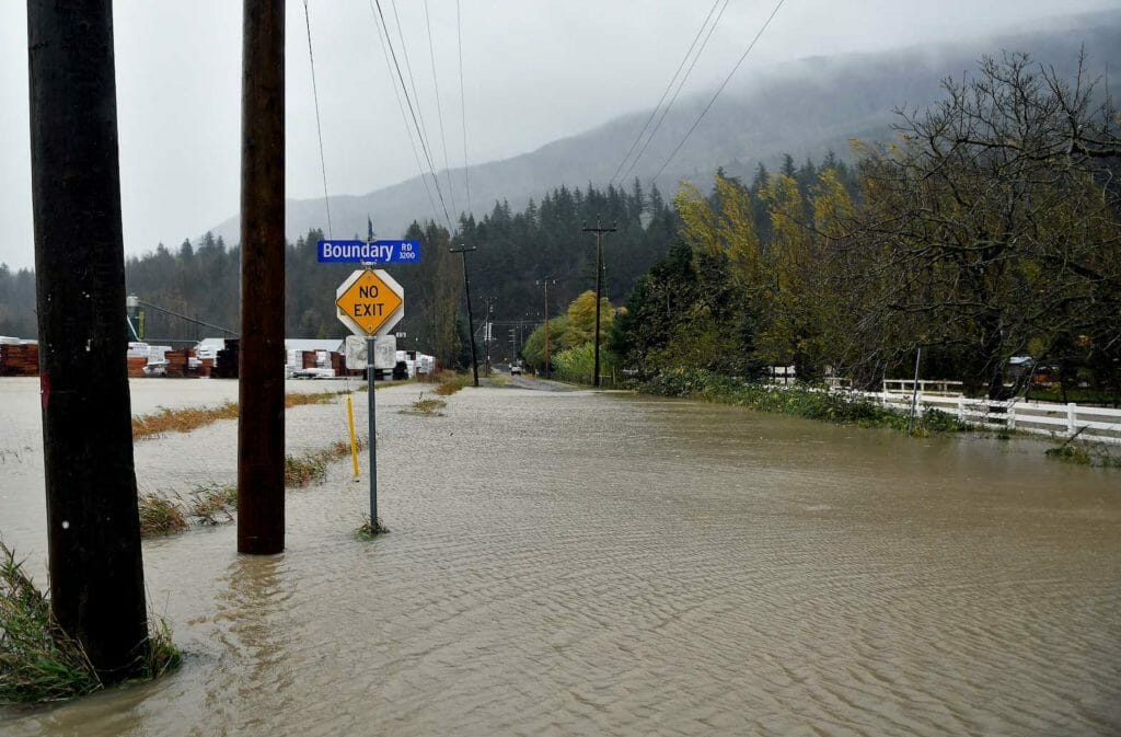 Flooded roads are seen after rainstorms lashed the western Canadian province of British Columbia, triggering landslides and floods, shutting highways, in Chilliwack, British Columbia, Canada November 15, 2021. REUTERS/Jennifer Gauthier