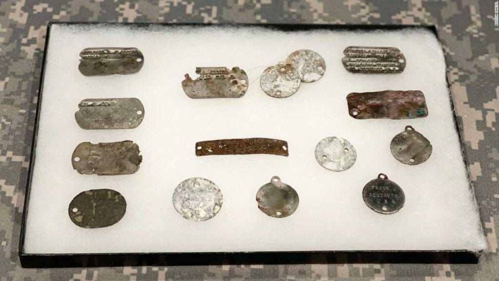 World War II-era U.S. dog tags and other forms of identification recovered from the Philippines. BLSM