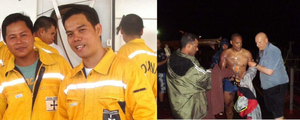 Filipino seafarers that spotted Don Victor Mooney in the Atlantic Ocean (March 11, 2011). Mooney boards MV Norfolk in the Atlantic Ocean after clinging to a life raft for 14 days (March 11, 2011). CONTRIBUTED