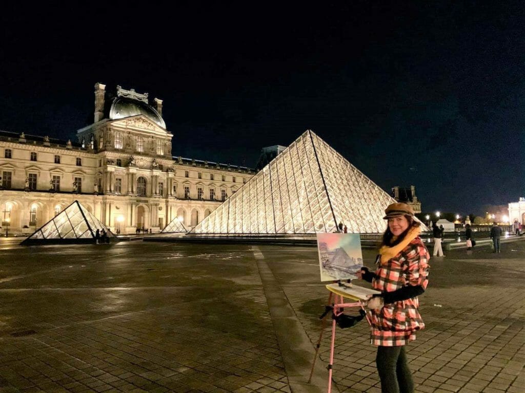  Nocturnal painting en plein air at the Louvre in Paris, 2021, Carol Tanjutco’s Travelogue shares her journey and passion in arts. INQUIRER/Porsha Seechung