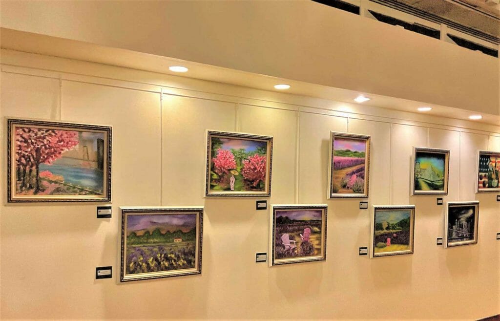 Ctanj spring-summer paintings of Cherry Blossoms and Lavender Field series, her recent visit to farms and mountains upstate New York immortalized in her canvas at Philippine Center gallery, NYC. Photos by Porsha Seechung/INQUIRER.   