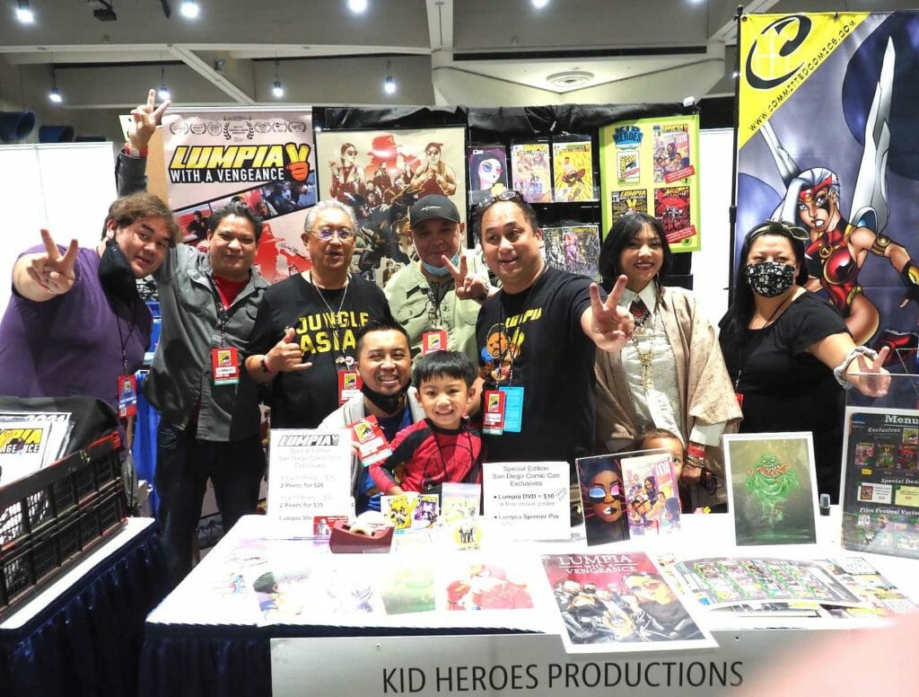 The new film "Lumpia with a Vengance" is the first Fil-Am feature ever to be screened at the popular San Diego Comic Con. It drew a capacity audience that had to turn some fans away. At their booth on the exhibit floor are some of the Fil-Am artists with the film’s creator, Patricio Ginelsa seated center with his son. INQUIRER/Florante Ibanez