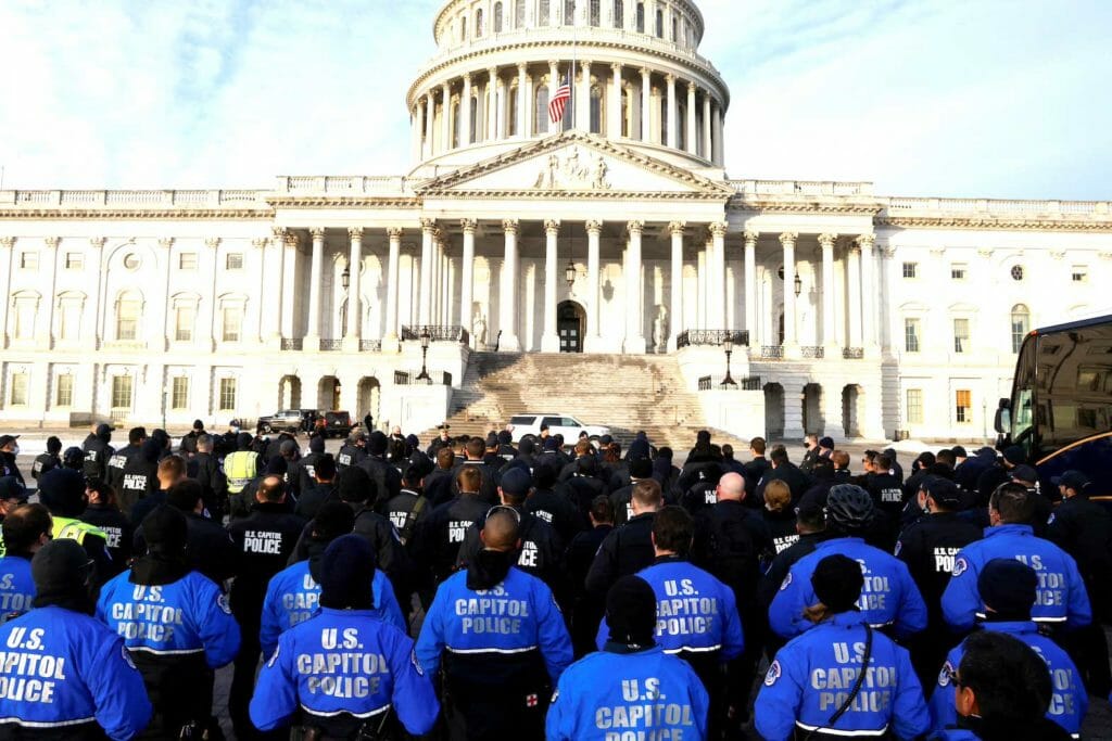 U.S. Capitol Police members are briefed by Chief J. Thomas Manger on the east side of the U.S. Capitol on the first anniversary of the January 6, 2021 attack on the Capitol by supporters of former President Donald Trump, on Capitol Hill in Washington, U.S., January 6, 2022. REUTERS/Jonathan Ernst
