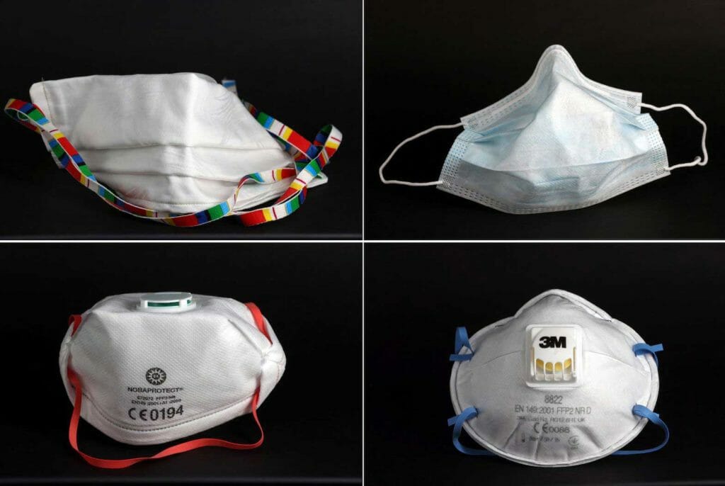 A combination of four images shows a surgical mask (top R), a self-made protective mask (top L), a FFP3 Respirator mask (bottom L) and a FFP2 Respirator mask (bottom R) in these illustrations taken, April 6, 2020. REUTERS/Kai Pfaffenbach/Illustration
