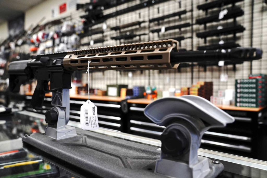An "FU" custom upper receiver for an AR-15 style rifle is displayed for sale at Firearms Unknown, a gun store in Oceanside, California, U.S., April 12, 2021. REUTERS/Bing Guan