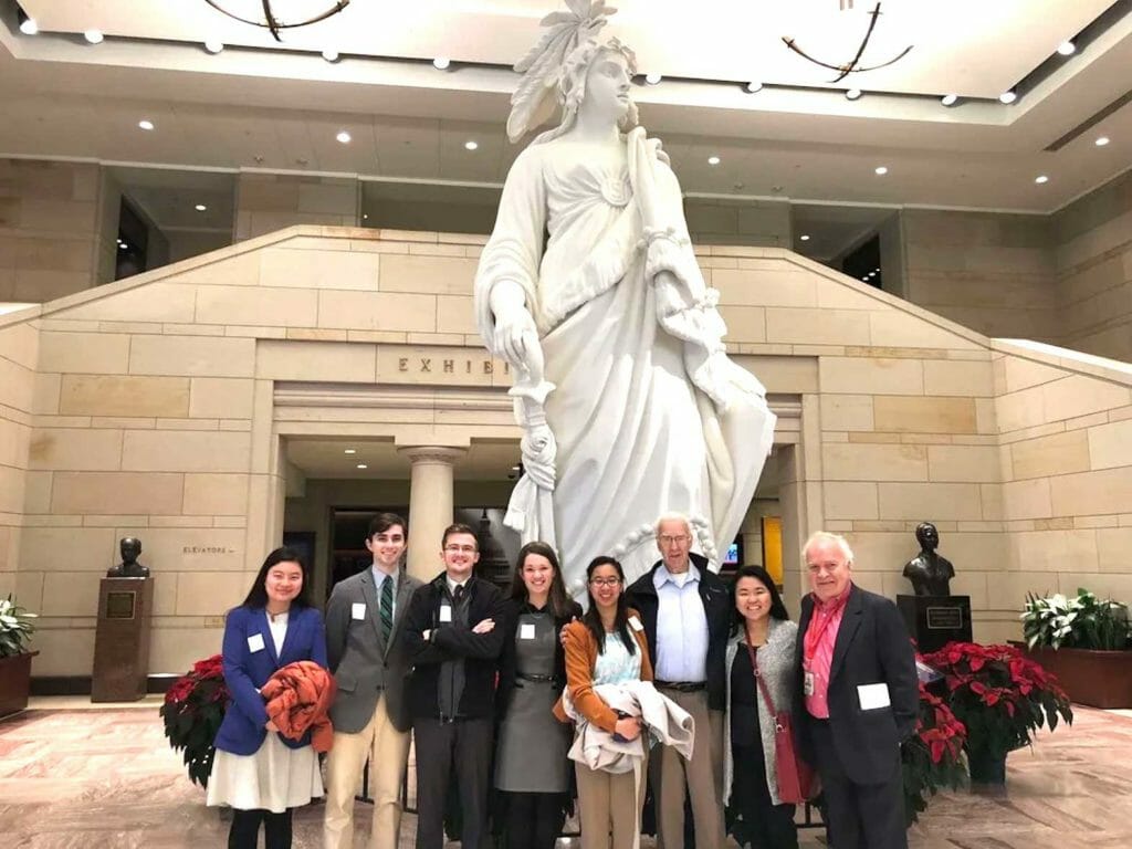 Spring 2018 USAI Interns and Staff in front of the Statue of Freedom in the Capitol Visitor Center. FYP