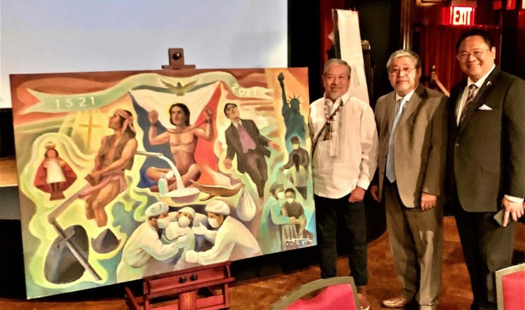 June 2021 mural commemoration of 500 years of National Filipino Patriotism 1521-2021 created by EEC Mentor Nemesio Miranda Jr., seen here with Permanent Representative to the United Nations, Ambassador Enrique Manalo and NY Consul General Elmer Cato. The mural art by Nemiranda is now displayed at the Philippine Consulate General NY. CONTRIBUTED