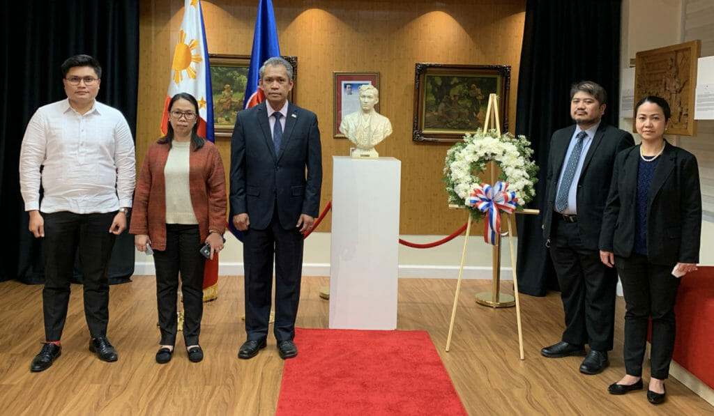 Philippine Consulate General in San Francisco holds a wreath-laying ceremony in honor of Philippine national hero Dr. Jose P. Rizal, at Sentro Rizal. From left to right: Vice Consul Adrian Audrey L. Baccay; Deputy Consul General Raquel R. Solano; Consul General Neil Frank Ferrer; Consuls Jed Martin A. Llona and Vanessa G. Bago-Llona. CONTRIBUTED