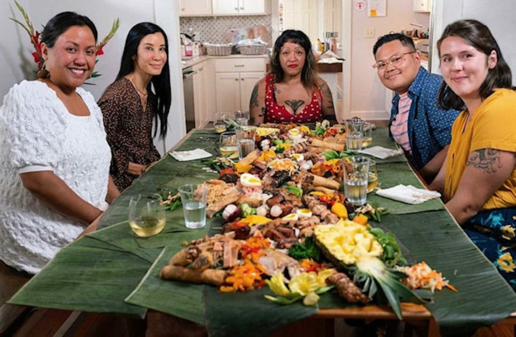 Fil-Am community leader Jessica Bayuga (from left), “Take Out” host Lisa Ling, chef Christina Quackenbush, pop-up restaurateur Ronnie Dacula and girlfriend Erin about to dive into a “kamayan” feast.  LISA LING INSTAGRAM