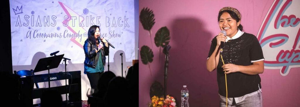 Kyle Marian Viterbo (left) performing at the sold-out show Asians Strike Back: A Coronavirus Comedy & Science Show, on the same night that NYC confirmed its first COVID patient and just days before New York’s lockdown, March 2020. (Right) Dominique Nisperos performing at an alt-indie comedy show “Rice Paddy” in New York. ARIN SANG-URAI