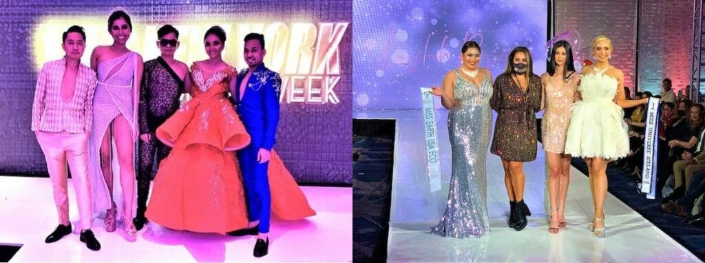 Jan Quijano (center) in lace bodysuit, flanked by his models from the Philippines. (Right photo) Birthday celebrant co-producer Layla Rose, at the grand finale with her daughter, designer Viola Rose and beauty titles holders Miss Earth USA 2022 (Left) and Miss Universe Iceland 2021 (right). INQUIRER/CTanjutco