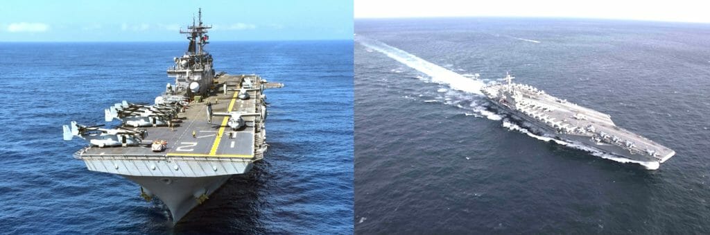 The Navy released a photo this week showing two San Diego-based warships maneuvering in the Philippine Sea with one of the Navy's most unusual new vessels, the USS Essex (left). The USS Abraham Lincoln (right) led the exercise. USN