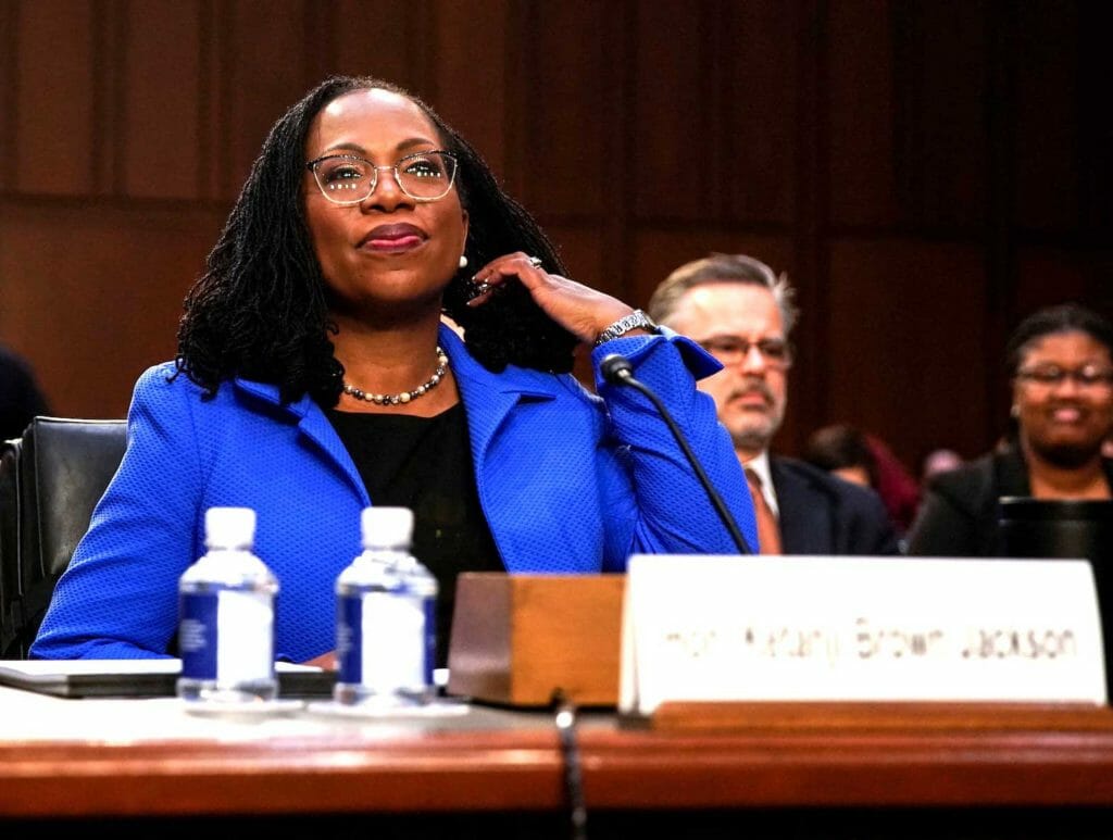 Judge Ketanji Brown Jackson takes her seat as she arrives prior to start of the third day of Senate Judiciary Committee confirmation . REUTERS