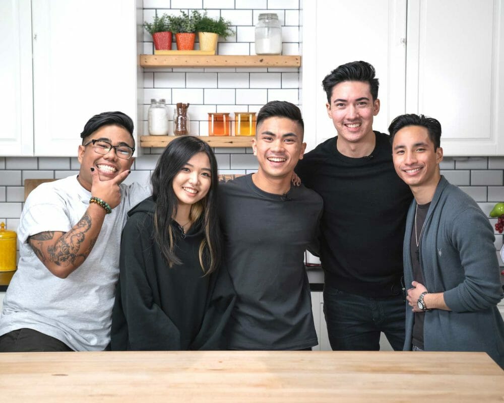 Chris Jereza (middle) with the Filipino-American cast of the dating game he produced for Buzzfeed titled “Single Woman Picks a Date Based on Their Filipino Cooking.” CONTRIBUTED  