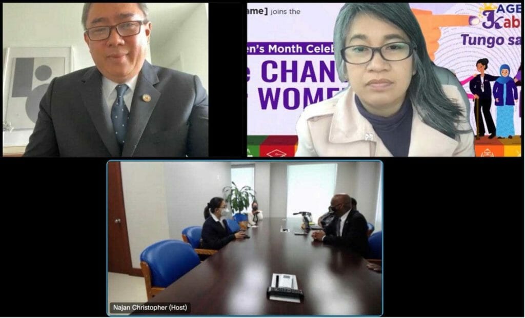 Virtual meeting between(clockwise from top left) Consul General Iric Arribas, Labor Attaché Angela Trinidad Assistant Labor Attaché Marie Josephine Borromeo, Welfare Officer Mae Codilla, and BVI Premier Minister, Hon. Andrew Fahie. CONTRIBUTED