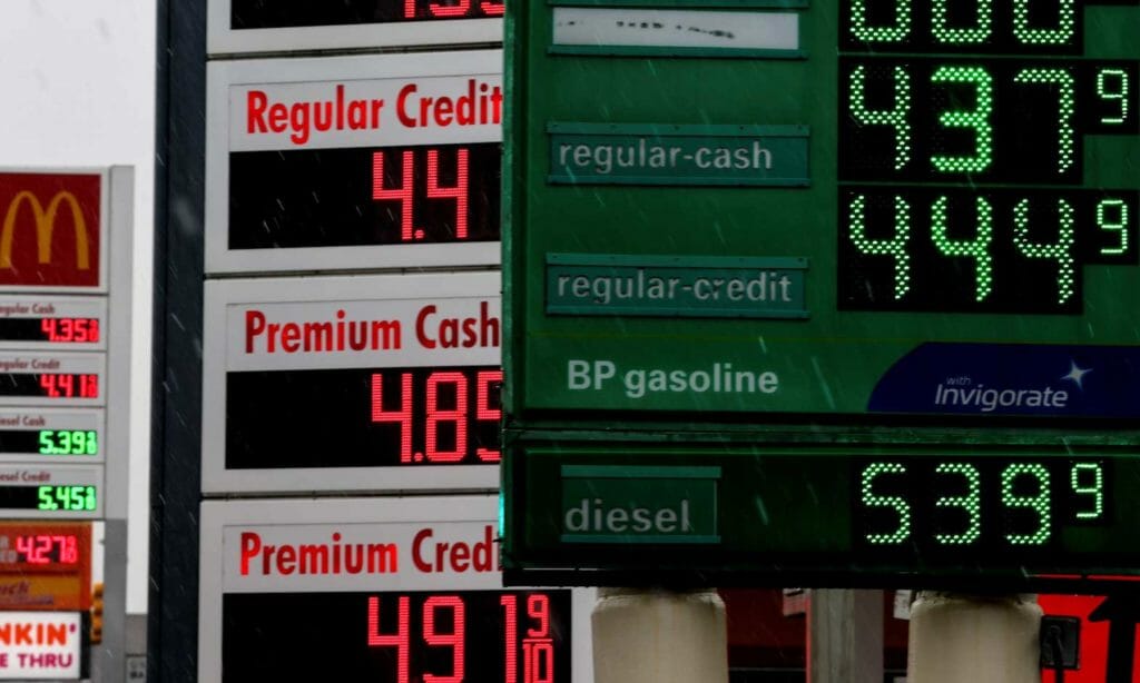 Gasoline prices are displayed at a gas station, following Russia's invasion of Ukraine, in Jersey City, New Jersey, U.S., March 9, 2022. REUTERS/Mike Segar/File Photo