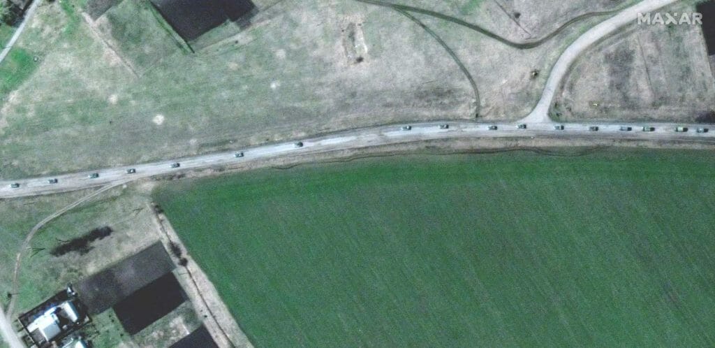 A satellite image shows armoured vehicles at the northern end of a military convoy moving south through the Ukrainian town of Velykyi Burluk, Ukraine, April 8, 2022. Picture taken April 8, 2022. Satellite image 2022 Maxar Technologies/Handout via REUTERS