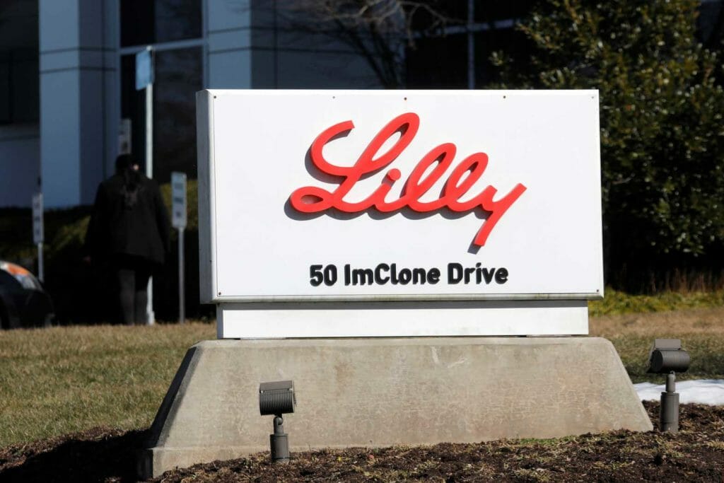 A sign is pictured outside an Eli Lilly and Company pharmaceutical manufacturing plant at 50 ImClone Drive in Branchburg, New Jersey, March 5, 2021. Picture taken March 5, 2021. REUTERS/Mike Segar/File Photo