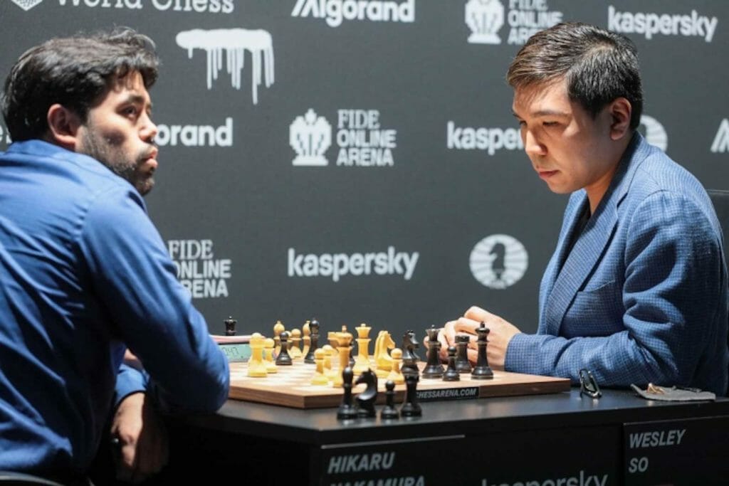 So beat Nakamura (left) 1½:½ in the third leg of the 2022 FIDE Grand Prix but did not qualify for June’s world title Candidates in Madrid. FIDE