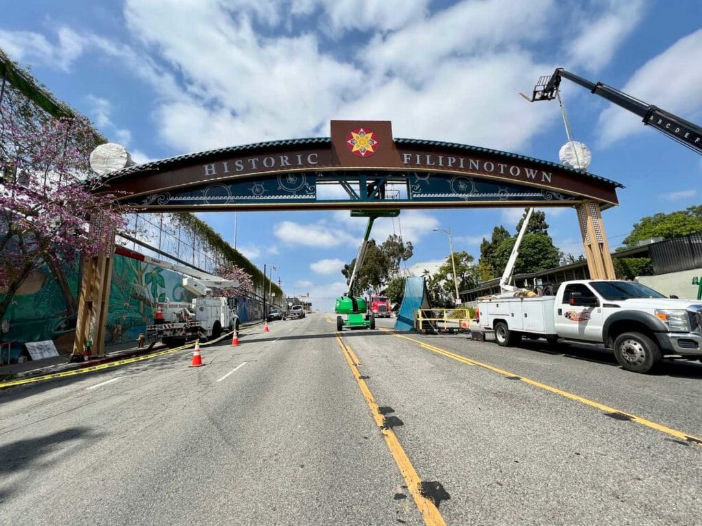 The highly-anticipated gateway marking the entrance of Los Angeles’ Historic Filipinotown was installed on Friday, April 1. The Historic Filipinotown Eastern Gateway Project, named “Talang Gabay: Our Guiding Star,” which began construction in 2021 along the eastern entrance of Beverly Boulevard, will be publicly unveiled in during a community event in May 2022 to mark Asian Pacific American Heritage Month. LADPW/Jessica Caloza