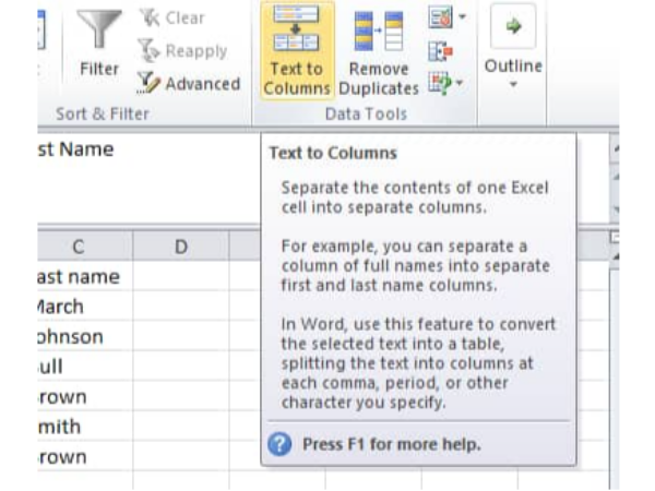 How to separate first and last names in Excel- with the text to column tool