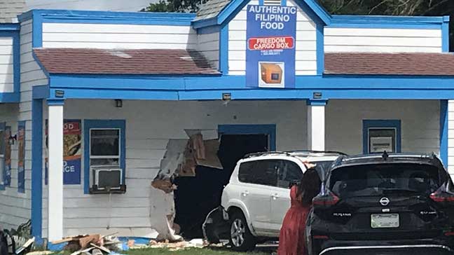 A vehicle that crashed into Freedom Food 2Go left extensive damage to the Filipino takeout restaurant. SCREENSHOT