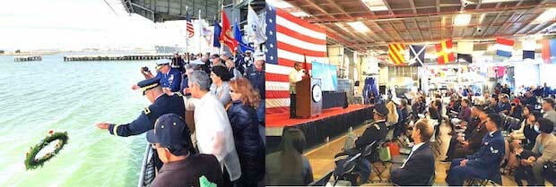 U.S. Coast Guard Vice Admiral Michael McAllister, Brigadier General Steven McLaughlin, Rear Admiral Jonathan Yuen, and Mexican Consul General in San Francisco Remedios Gomez Arnau in a wreath-throwing ceremony aboard the USS Hornet in Alameda, California, in honor of Filipino and American war veterans who died during the Second World War. CONTRIBUTED