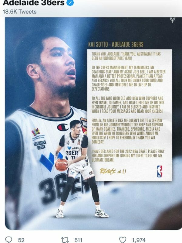 Kai Sotto is currently a 7-foot-2 center of the Adelaide 36ers. TWITTER
