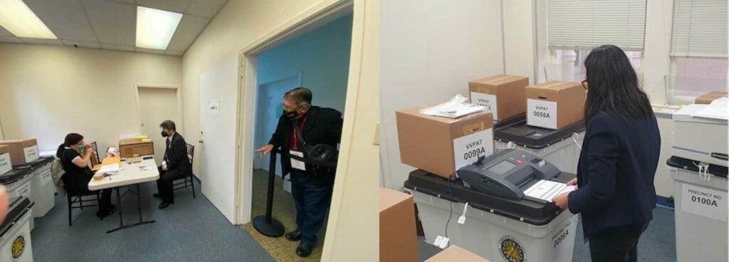 The SBEI conducts ballot feeding every Mondays and Thursdays at 9 a.m., Pacific Time. SBEI members prepare minutes of the ballot feeding as a poll watcher looks on. CONTRIBUTED