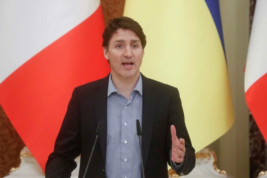 Canadian Prime Minister Justin Trudeau speaks during a news conference with Ukraine's President Volodymyr Zelenskiy (not pictured), as Russia's attack on Ukraine continues, in Kyiv, Ukraine May 8, 2022. REUTERS/Valentyn Ogirenko