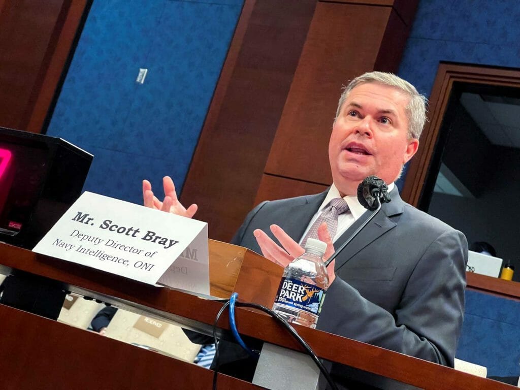 Deputy Director of U.S. Naval Intelligence Scott Bray testifies during a House Intelligence Counterterrorism, Counterintelligence, and Counterproliferation Subcommittee hearing about "Unidentified Aerial Phenomena," in the first open congressional hearing on 'UFOs' in more than half-century, on Capitol Hill in Washington, U.S., May 17, 2022. REUTERS/Joey Roulette