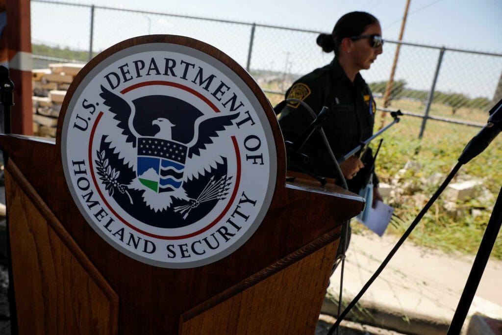  The seal of the U.S. Department of Homeland Security is seen after a news conference near the International Bridge between Mexico and the U.S., as U.S. authorities accelerate removal of migrants at border with Mexico, in Del Rio, Texas, U.S., September 19, 2021. REUTERS/Marco Bello