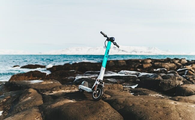 This is an electric scooter at a seashore.