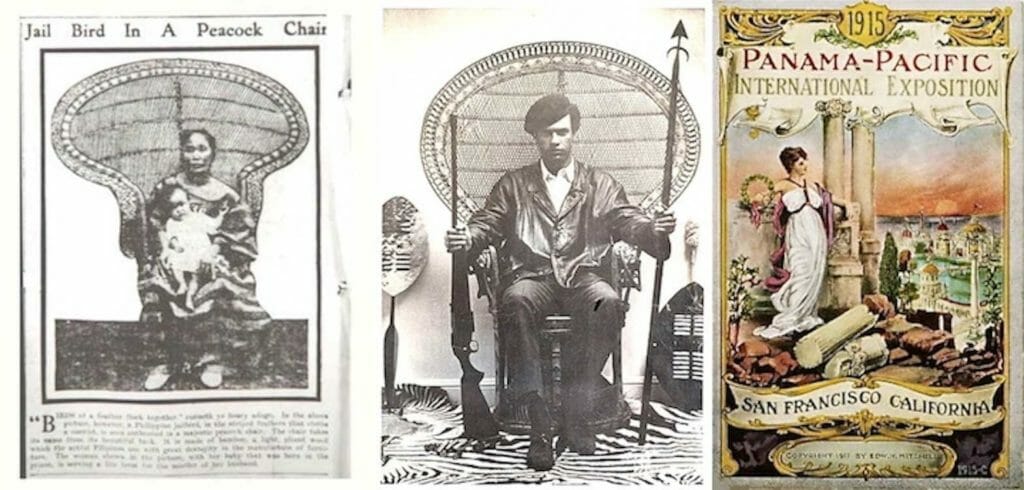 The original Peacock chair in Bilibid Prison; the late Black Panther leader Huey Newton; poster for the Panama-Pacific International Exposition. 