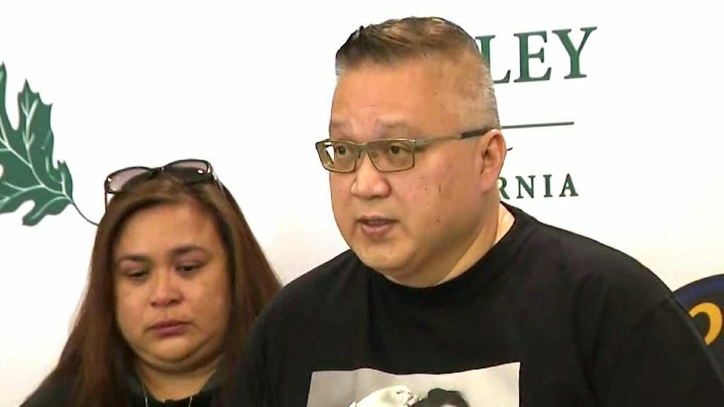Alexis Gabe's parents, Rowena and Gwen Gabe, at a press conference appealing for the public's help in finding her. SCREENSHOT