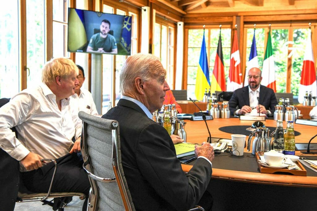 Ukrainian President Volodymyr Zelenskiy appears onscreen to update G7 leaders on the Russia-Ukraine war during the G7 Summit, in the Bavarian Alps, Germany June 27, 2022. Kenny Holston/Pool via REUTERS