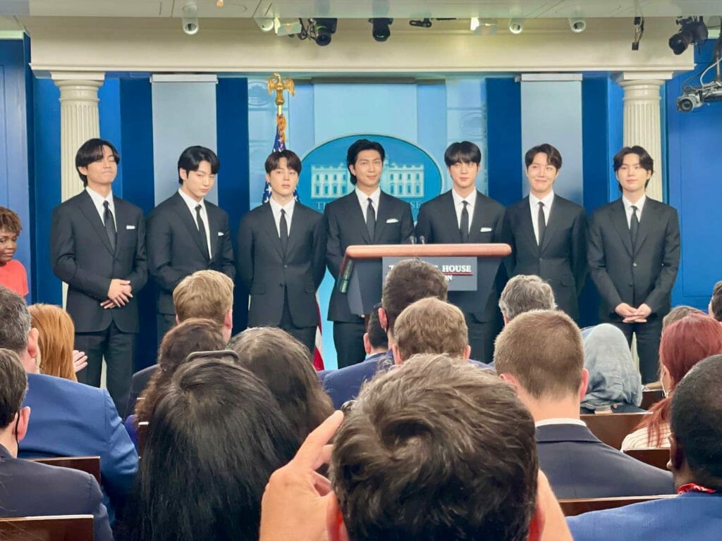  World famous Korean boyband BTS at the White House press briefing before meeting with President Joe Biden.. INQUIRER/Elton Lugay