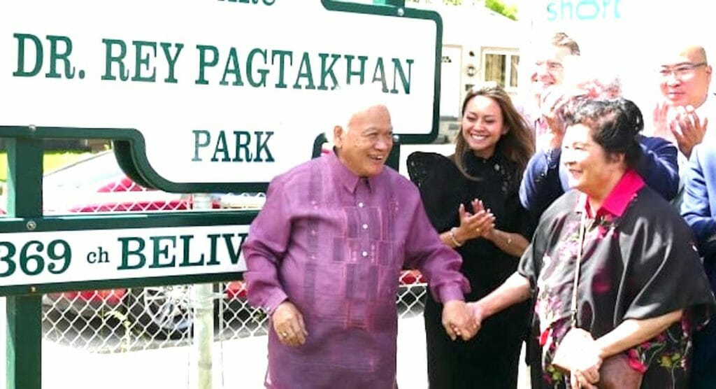 Dr. Rey Pagtakhan at the Winnipeg park renamed in his honor June 25. CBC NEWS